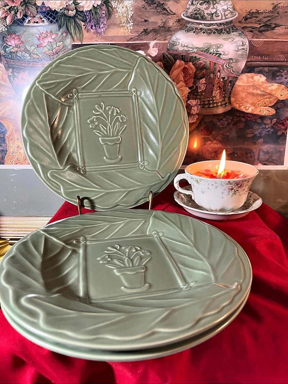 Pfaltzgraff Jamberry Green Embossed Leaf Dinner Plates Set of 3